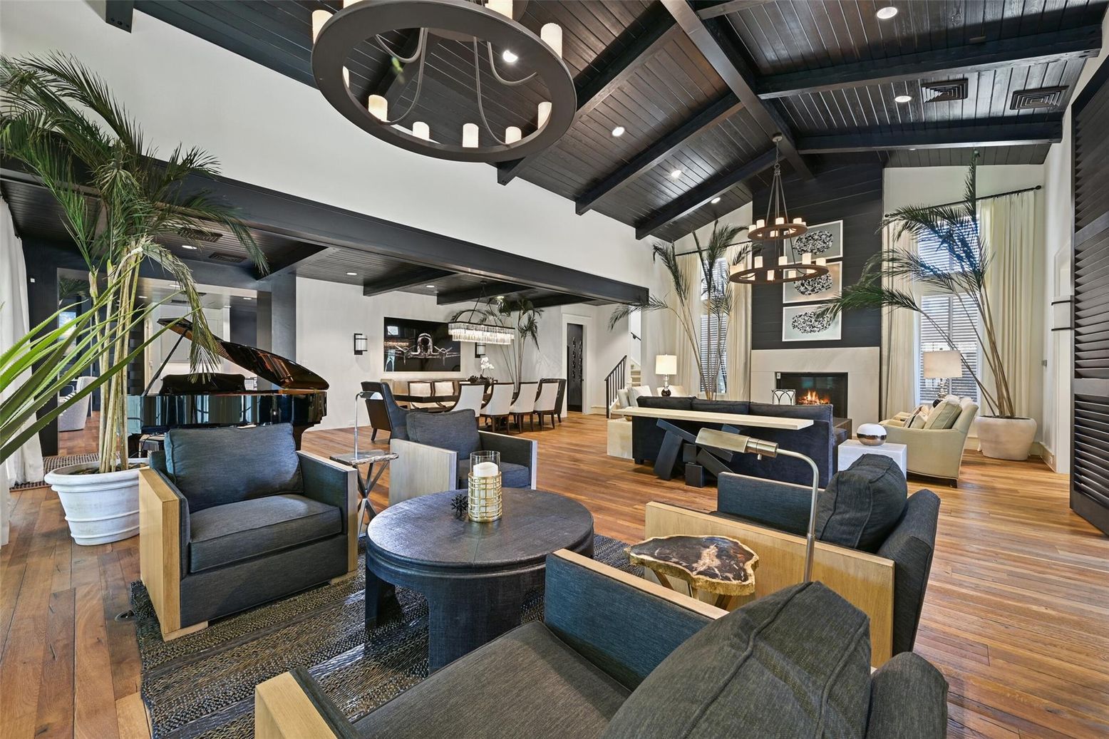 Chandelier, Dining room, Fireplace, Interior, Living room, Pendant Lights, Piano, Recessed Lighting, Wooden Beams, Wooden Ceilings, Wood Texture Flooring