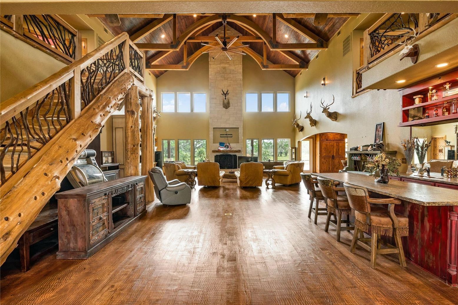 Fireplace, Interior, Living room, Piano, Recessed Lighting, Wooden Beams, Wood Texture Flooring
