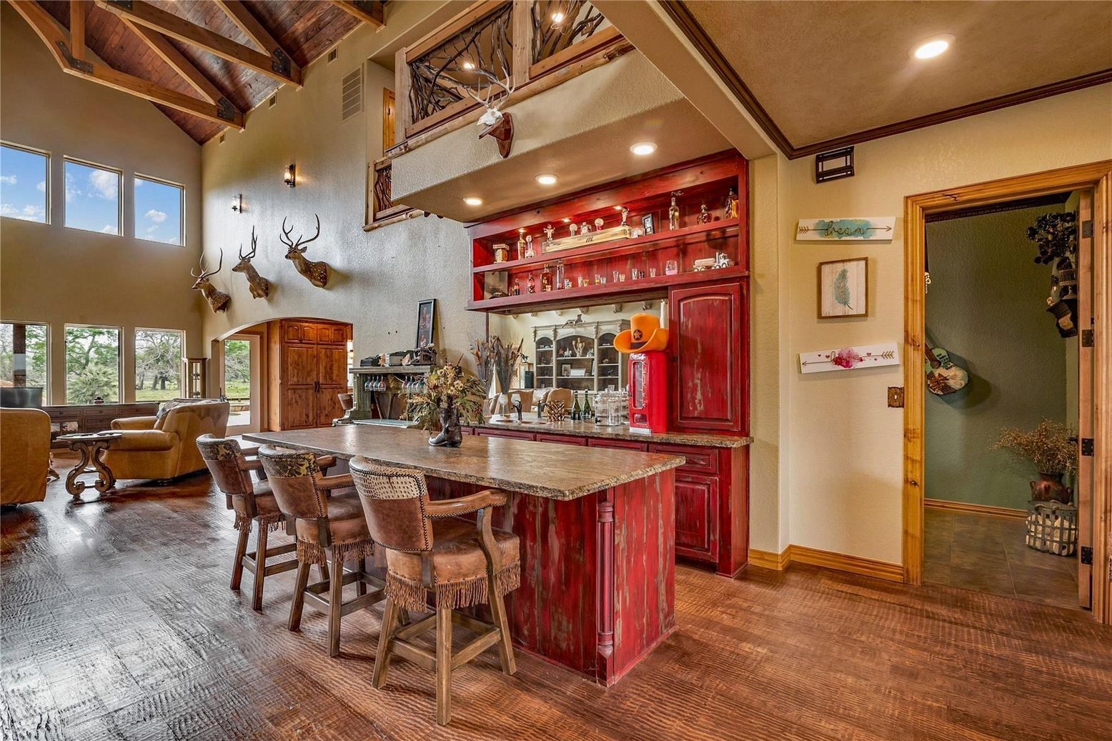 Interior, Living room, Recessed Lighting, Wooden Beams, Wood Texture Flooring
