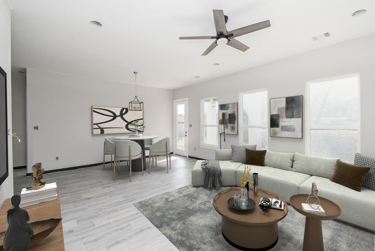 Dining room, Interior, Living room, Pendant Lights, Wood Texture Flooring