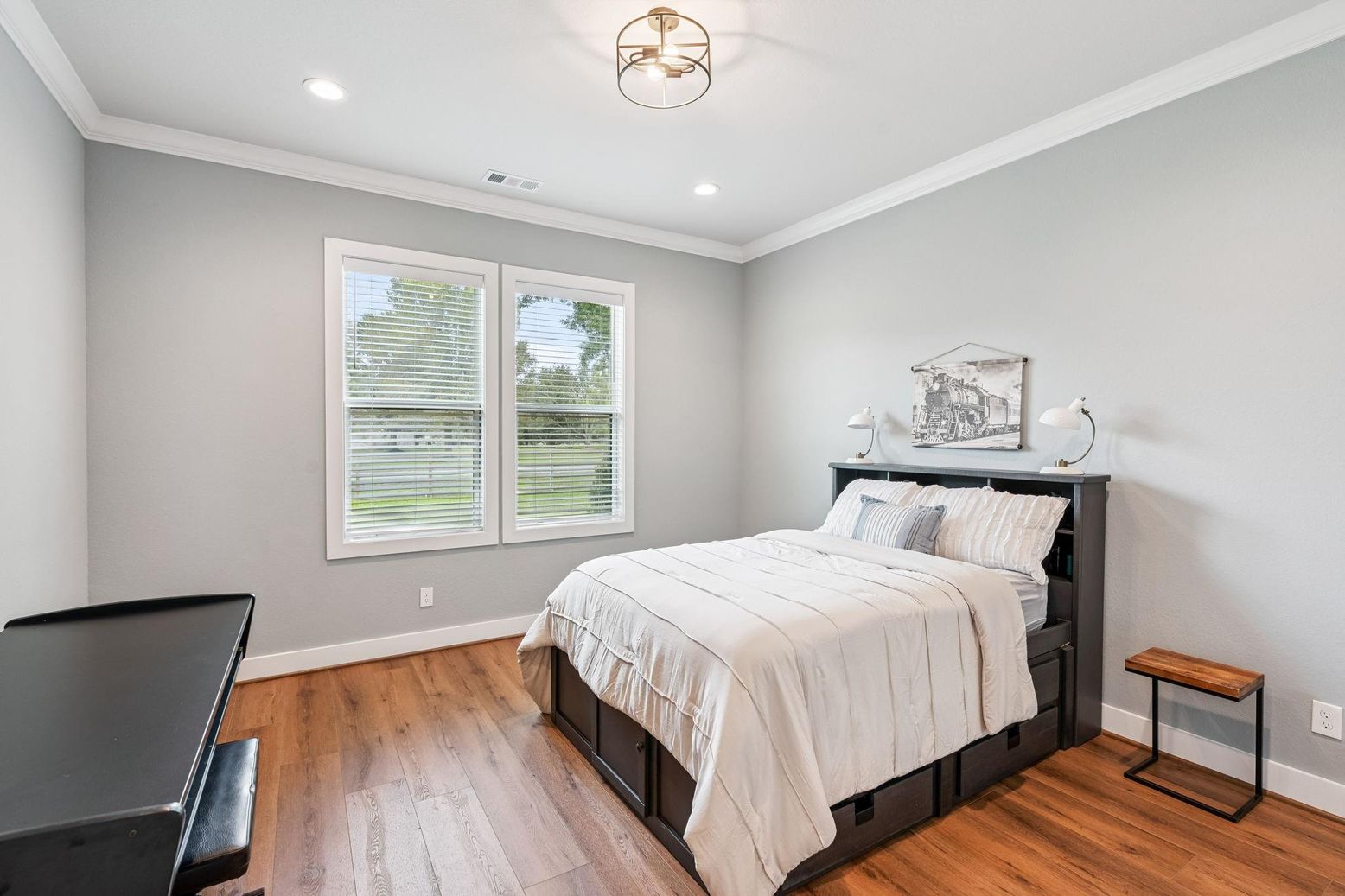 Bedroom, Interior, Recessed Lighting, Wood Texture Flooring