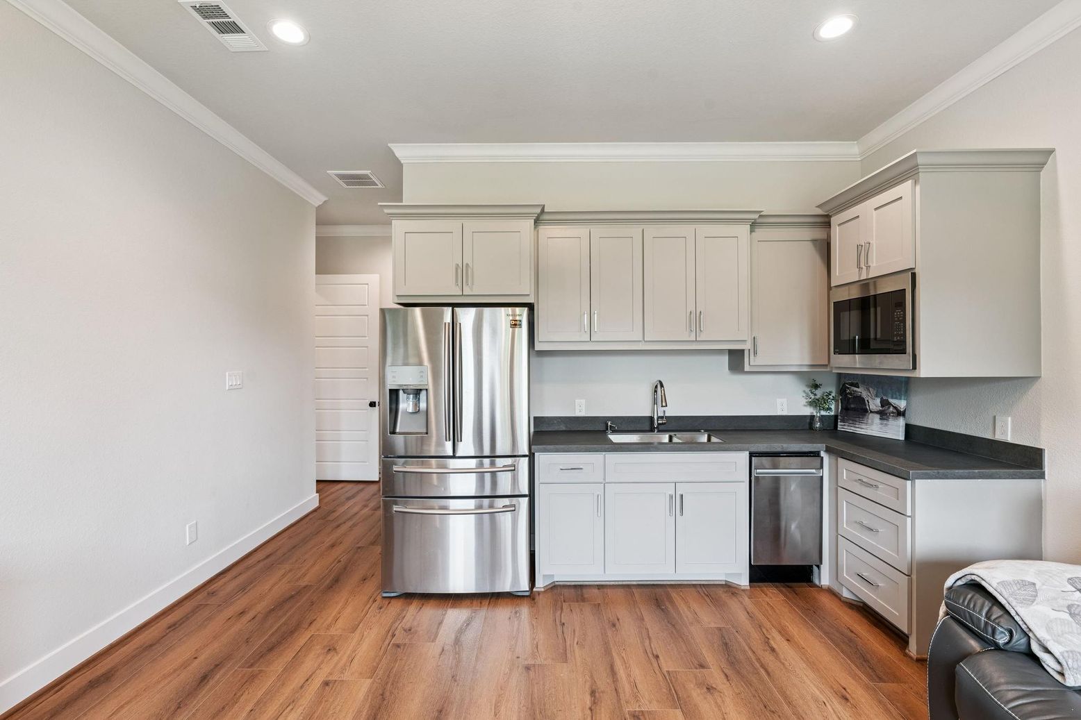Interior, Kitchen, Recessed Lighting, Stainless Steel Appliances, Wood Texture Flooring