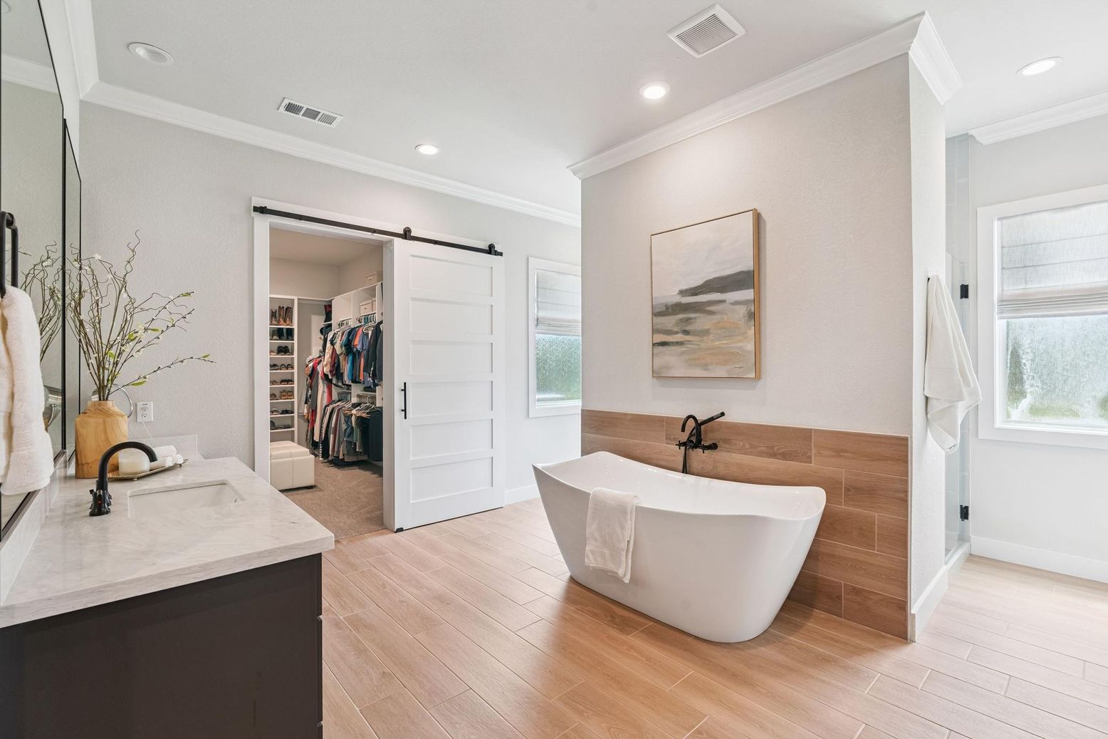 Bathroom, Dual Sink Vanities, Free Standing Baths, Interior, Recessed Lighting, Walk-in Closets, Wood Texture Flooring