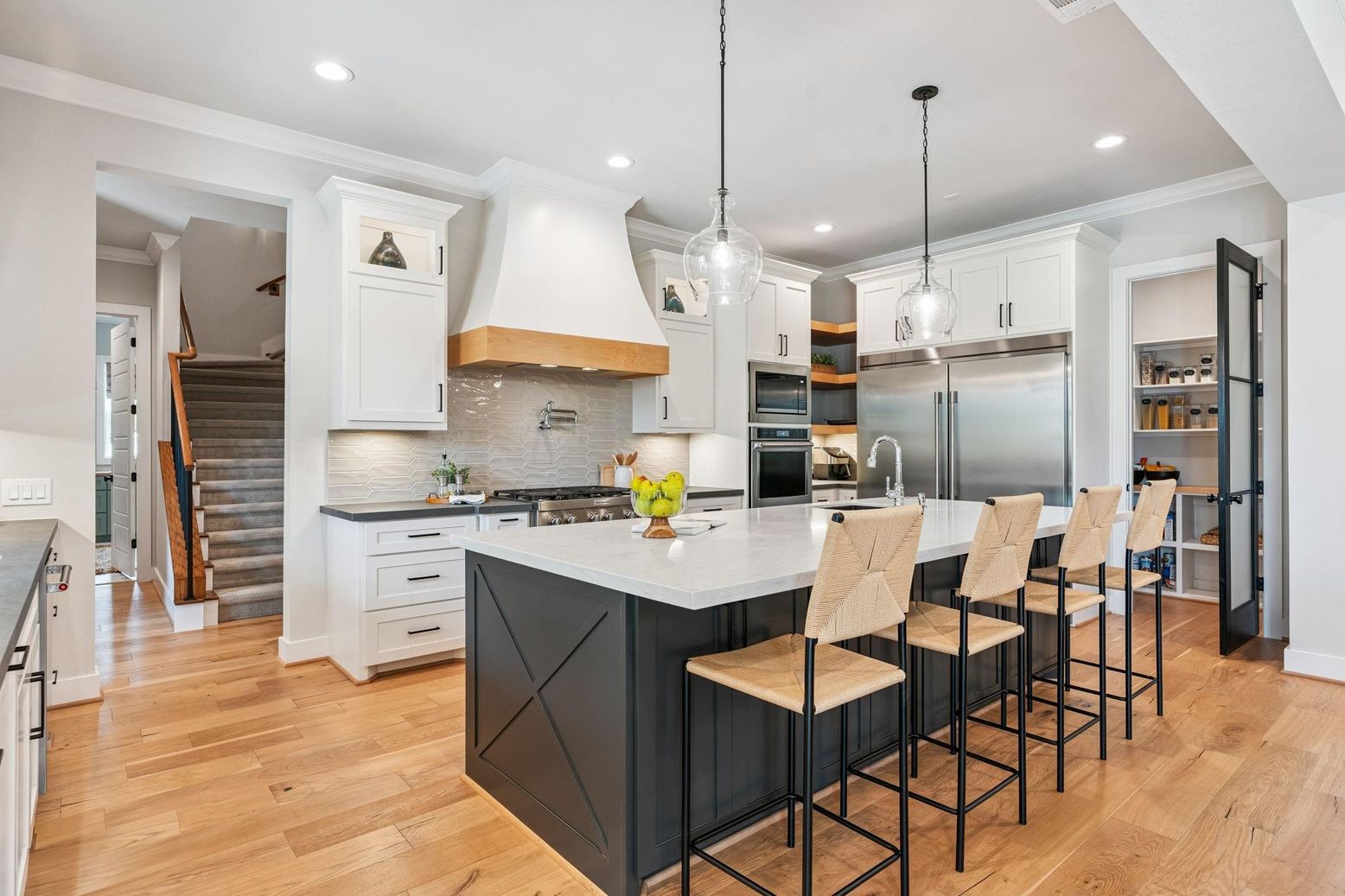 Interior, Kitchen, Pendant Lights, Recessed Lighting, Stainless Steel Appliances, Wood Texture Flooring