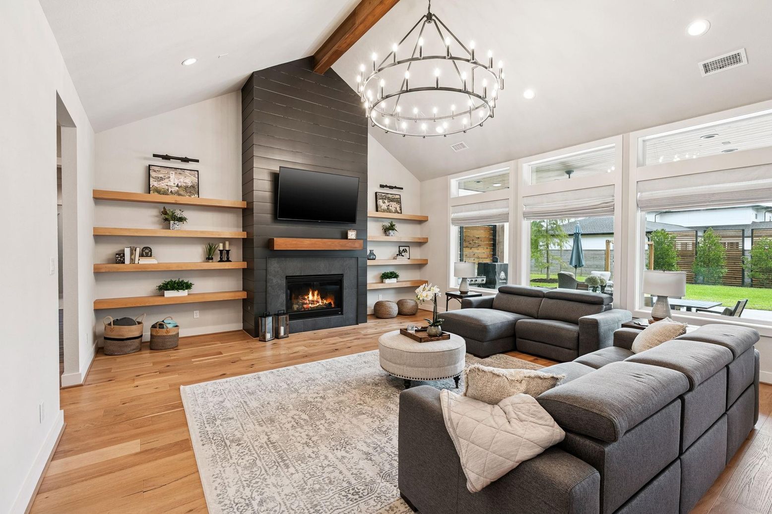 Fireplace, Interior, Living room, Pendant Lights, Recessed Lighting, Wooden Beams, Wood Texture Flooring