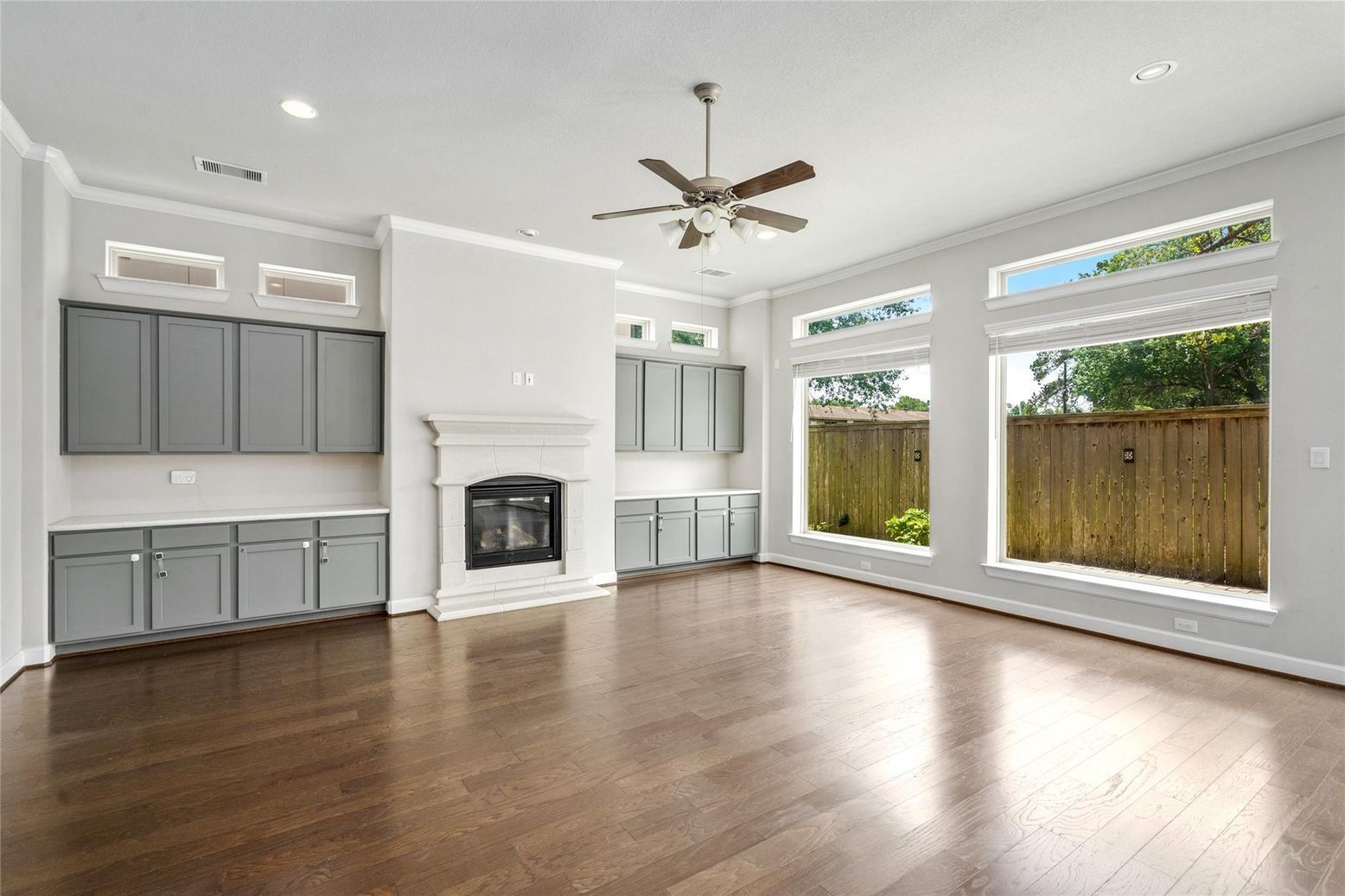 Empty room, Fireplace, Interior, Recessed Lighting, Wood Texture Flooring