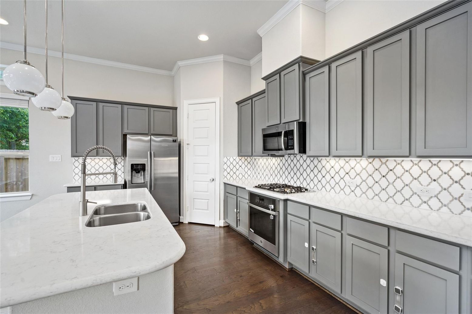 Interior, Kitchen, Pendant Lights, Recessed Lighting, Stainless Steel Appliances, Wood Texture Flooring