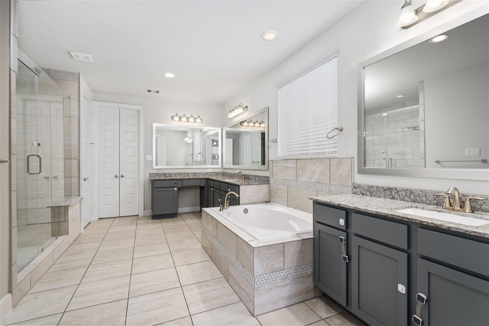 Bathroom, Dual Sink Vanities, Glass Shower, Interior, Recessed Lighting