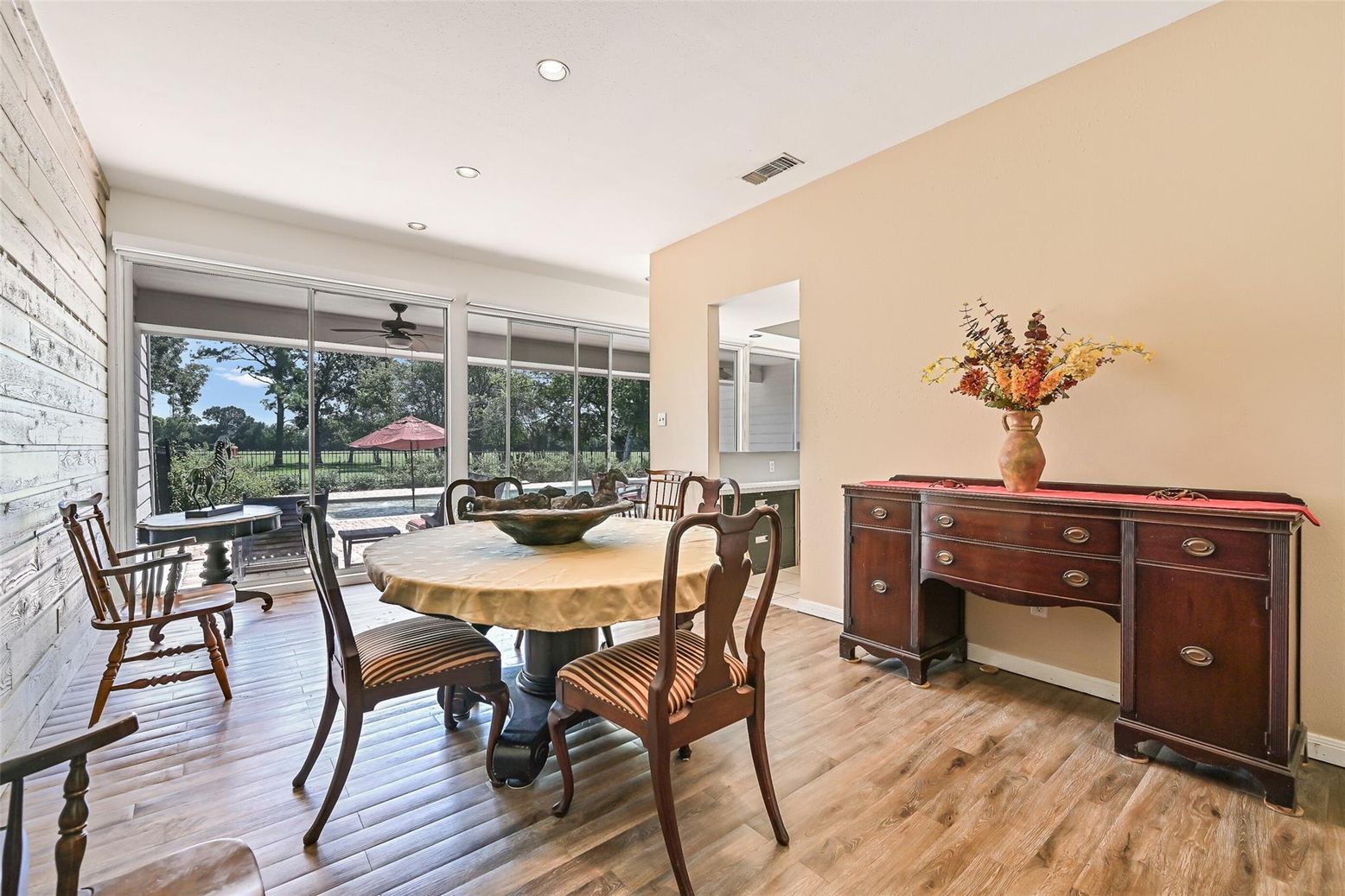 Dining room, Interior, Recessed Lighting, Wood Texture Flooring