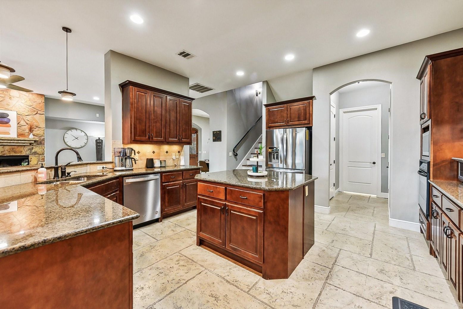Fireplace, Interior, Kitchen, Pendant Lights, Recessed Lighting, Stainless Steel Appliances