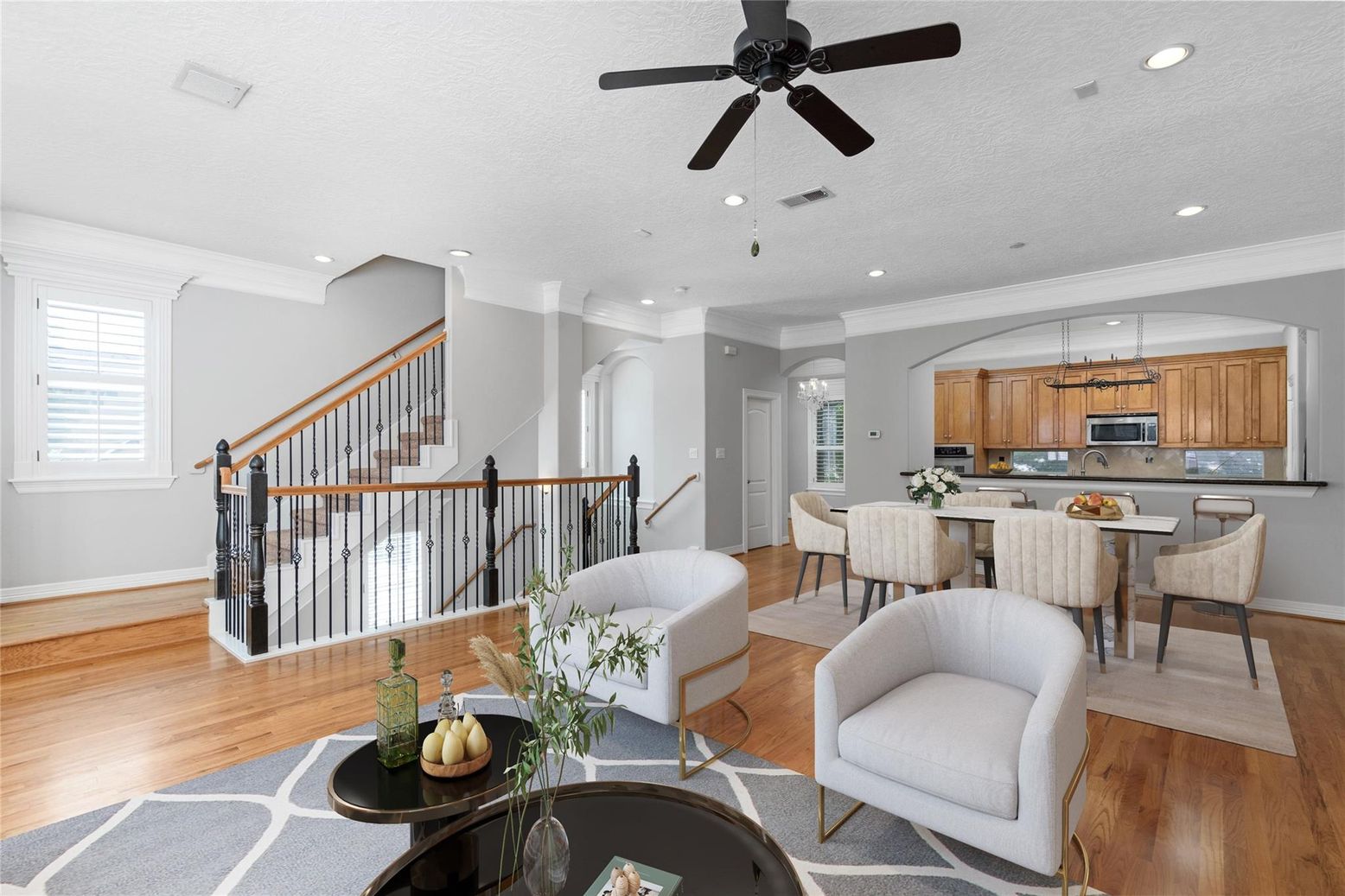 Dining room, Interior, Kitchen, Recessed Lighting, Wood Texture Flooring