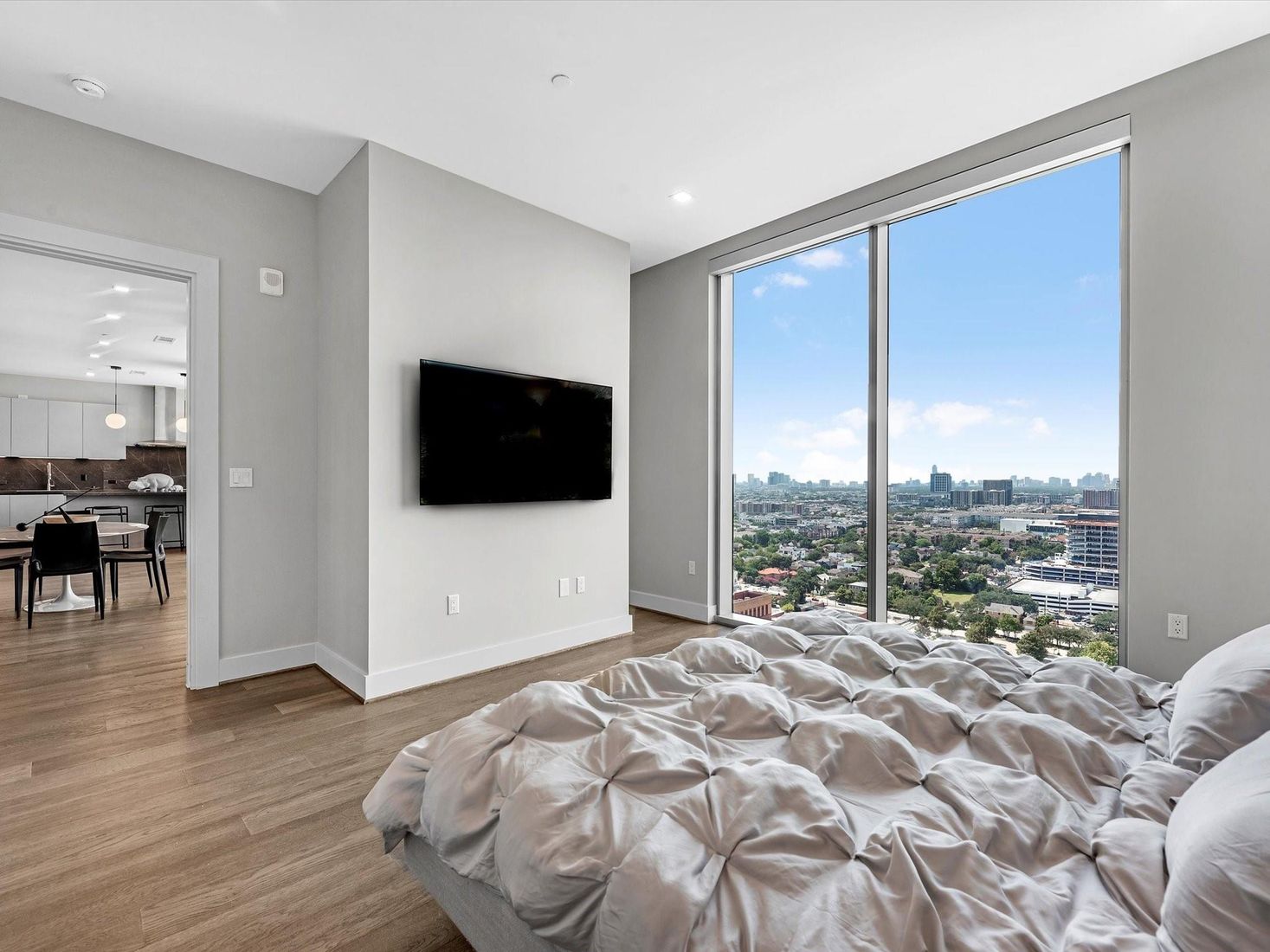 Bedroom, Dining room, Interior, Pendant Lights, Recessed Lighting, Wood Texture Flooring
