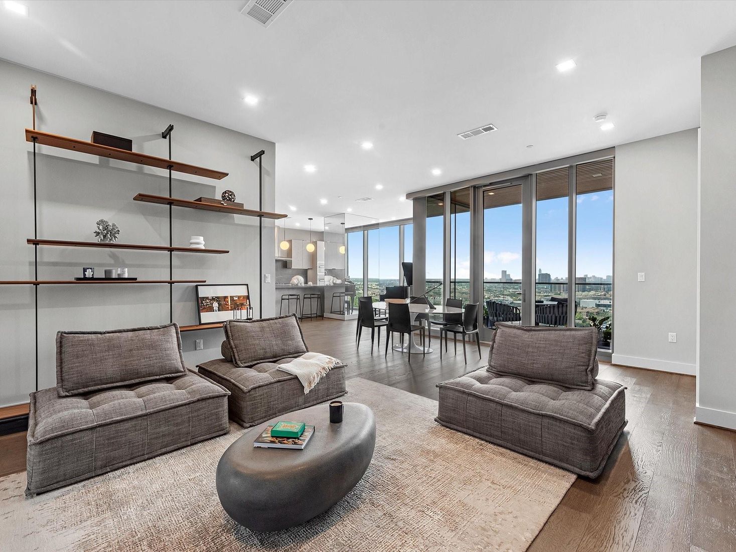 Dining room, Interior, Living room, Pendant Lights, Recessed Lighting, Wood Texture Flooring