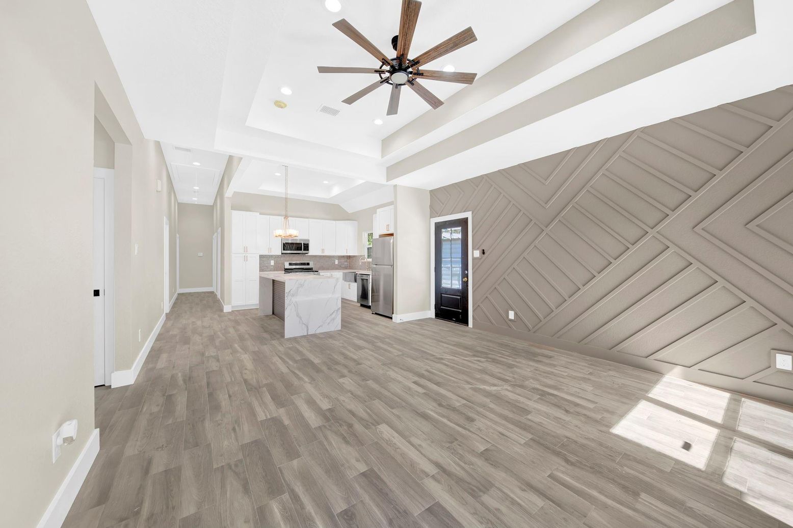 Interior, Kitchen, Pendant Lights, Recessed Lighting, Stainless Steel Appliances, Wood Texture Flooring