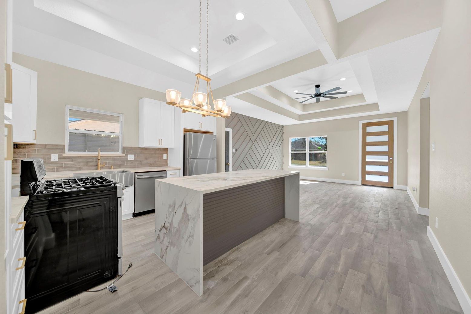 Chandelier, Interior, Kitchen, Recessed Lighting, Stainless Steel Appliances, Wood Texture Flooring