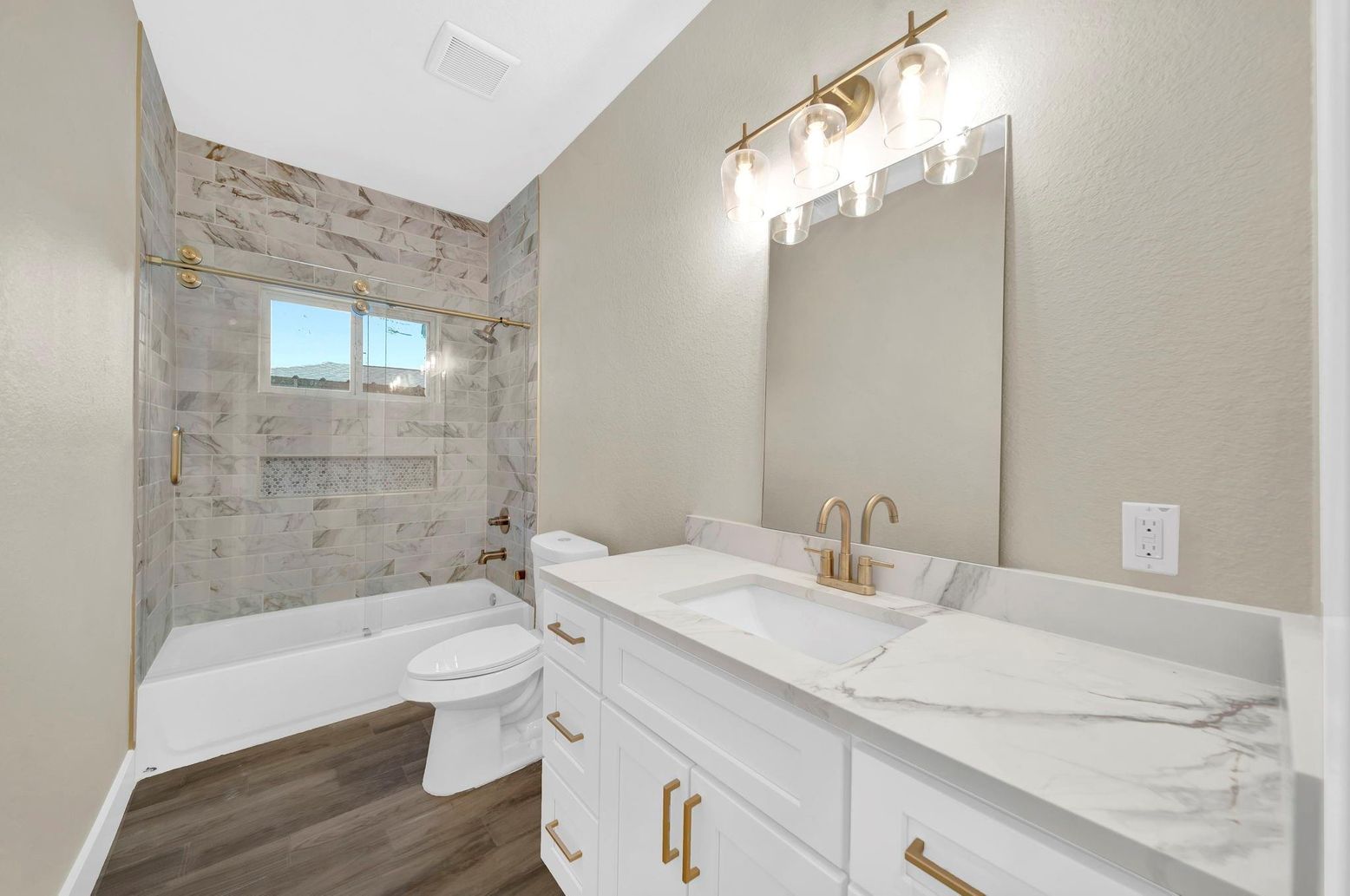 Bathroom, Glass Shower, Interior, Marble Walls, Wood Texture Flooring