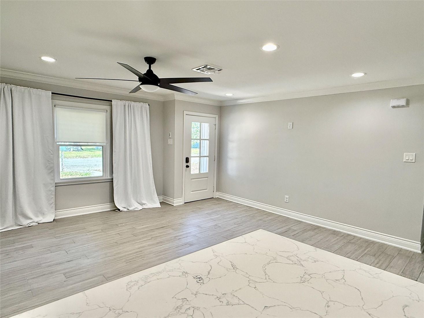 Empty room, Interior, Marble, Recessed Lighting, Wood Texture Flooring
