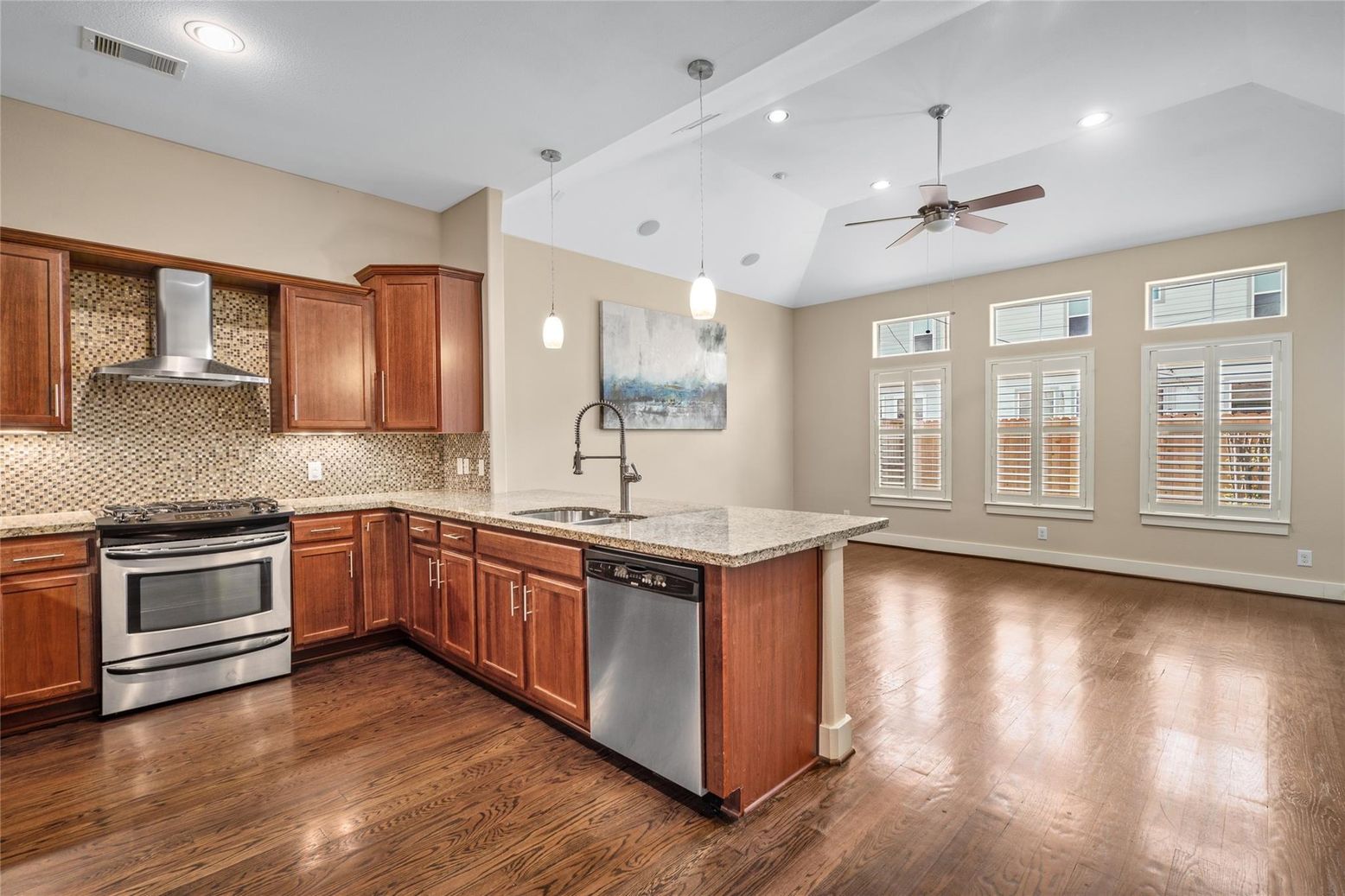 Interior, Kitchen, Pendant Lights, Recessed Lighting, Stainless Steel Appliances, Wood Texture Flooring