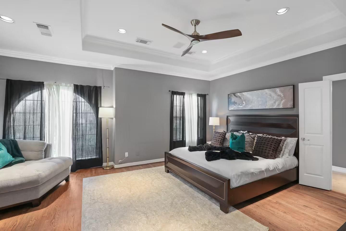 Bedroom, Interior, Recessed Lighting, Wood Texture Flooring