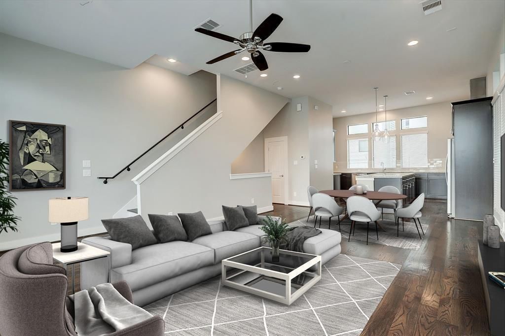 Dining room, Interior, Living room, Pendant Lights, Recessed Lighting, Wood Texture Flooring