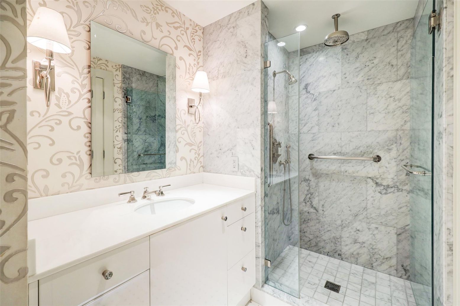 Bathroom, Glass Shower, Interior, Marble Walls, Recessed Lighting