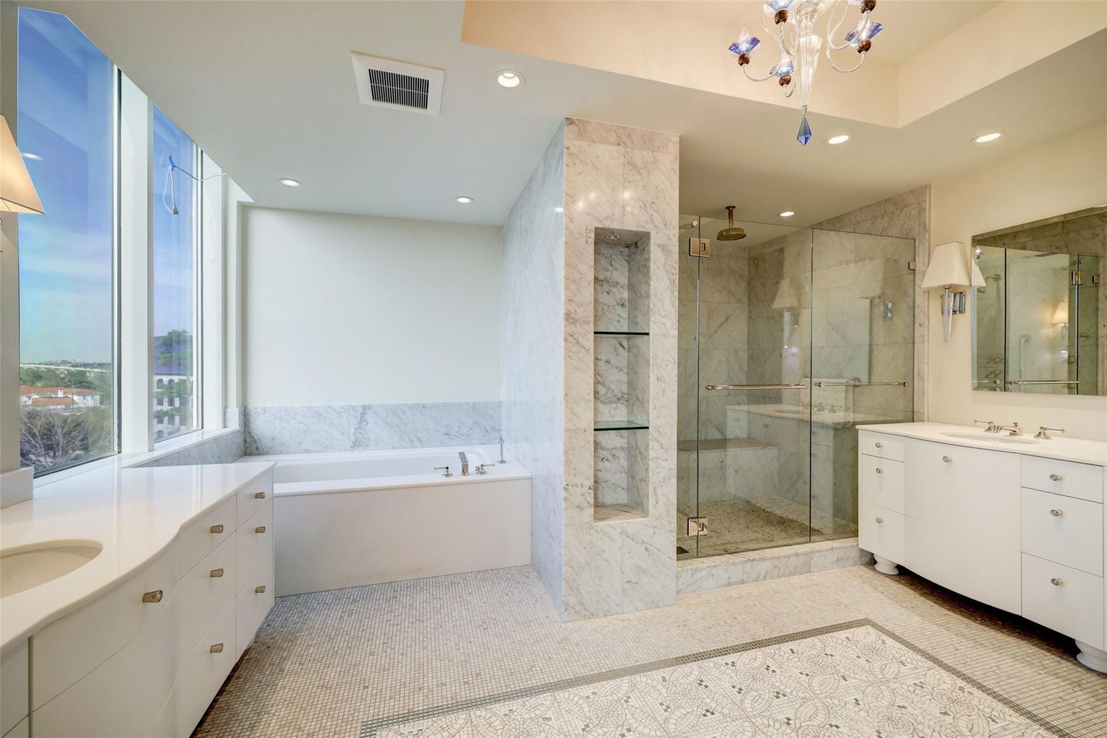 Bathroom, Dual Sink Vanities, Glass Shower, Interior, Marble Walls, Recessed Lighting