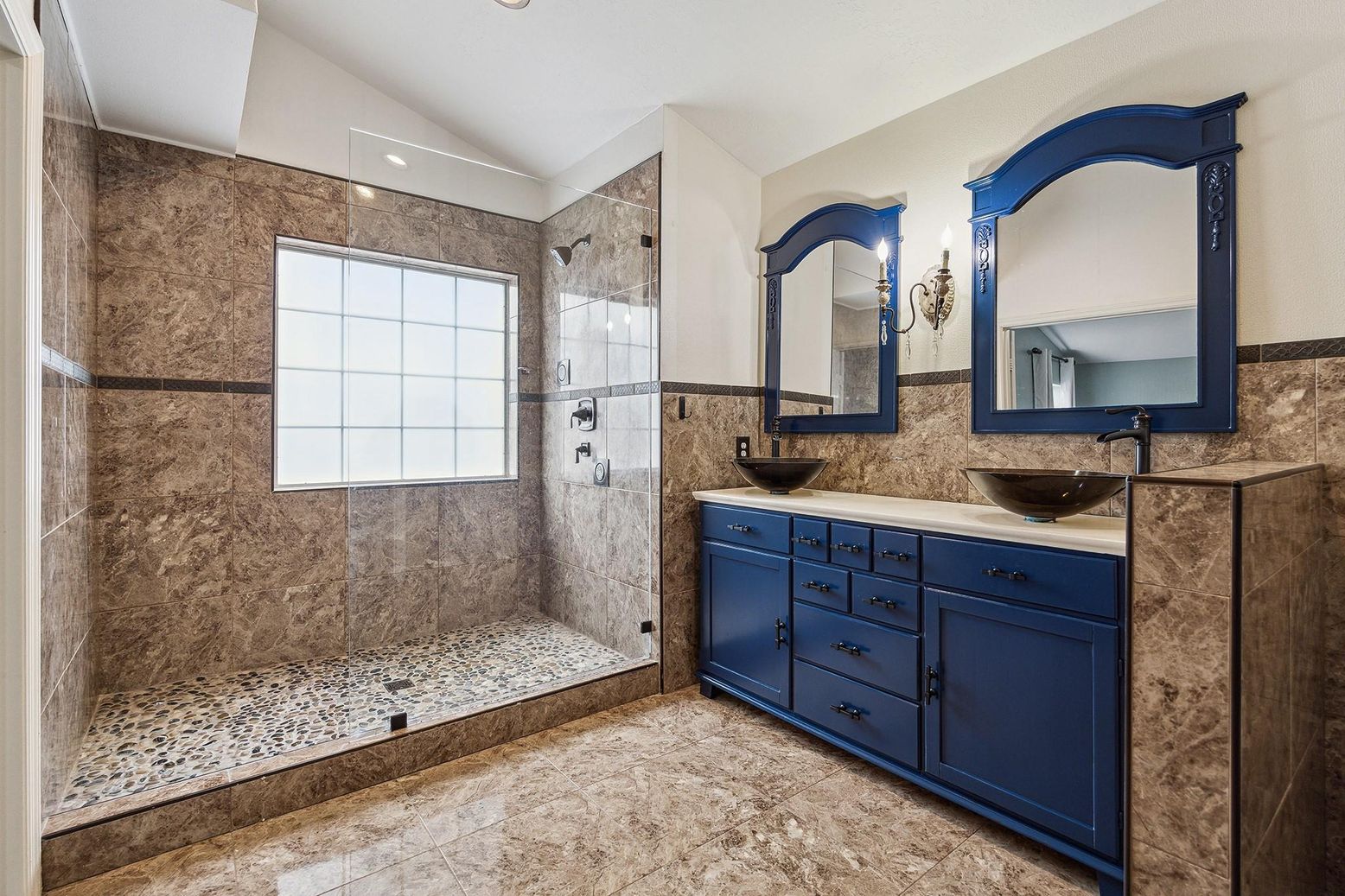 Bathroom, Dual Sink Vanities, Glass Shower, Interior, Recessed Lighting