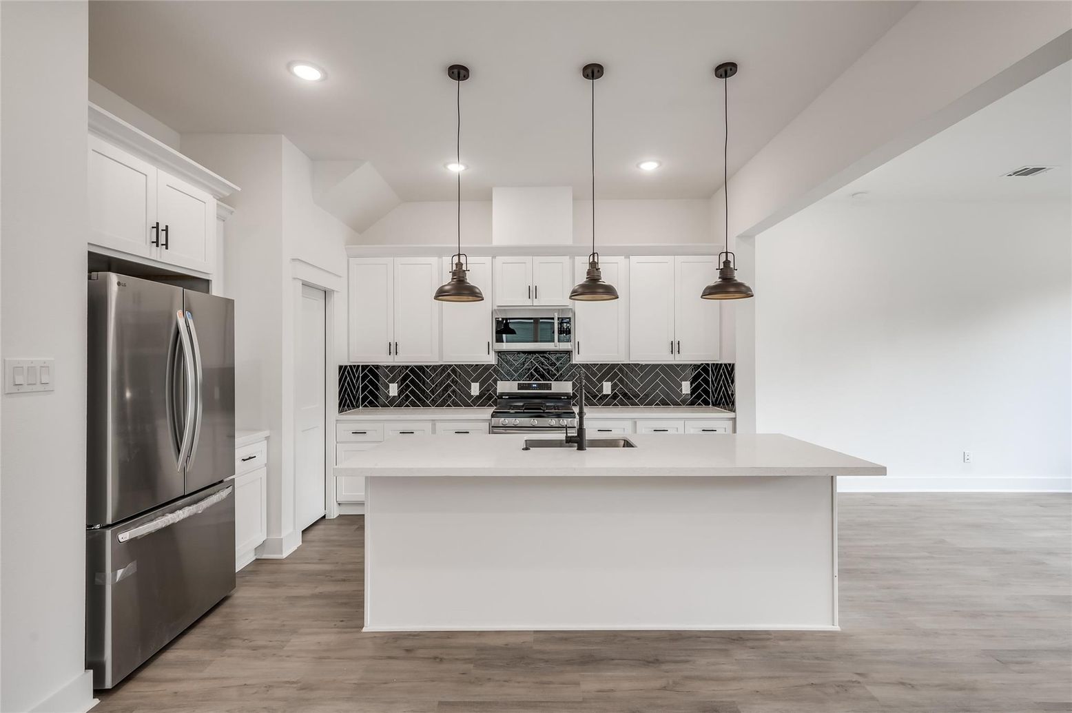 Interior, Kitchen, Pendant Lights, Recessed Lighting, Stainless Steel Appliances, Wood Texture Flooring