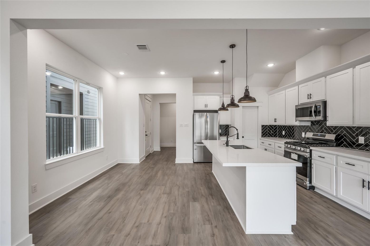 Interior, Kitchen, Pendant Lights, Recessed Lighting, Stainless Steel Appliances, Wood Texture Flooring