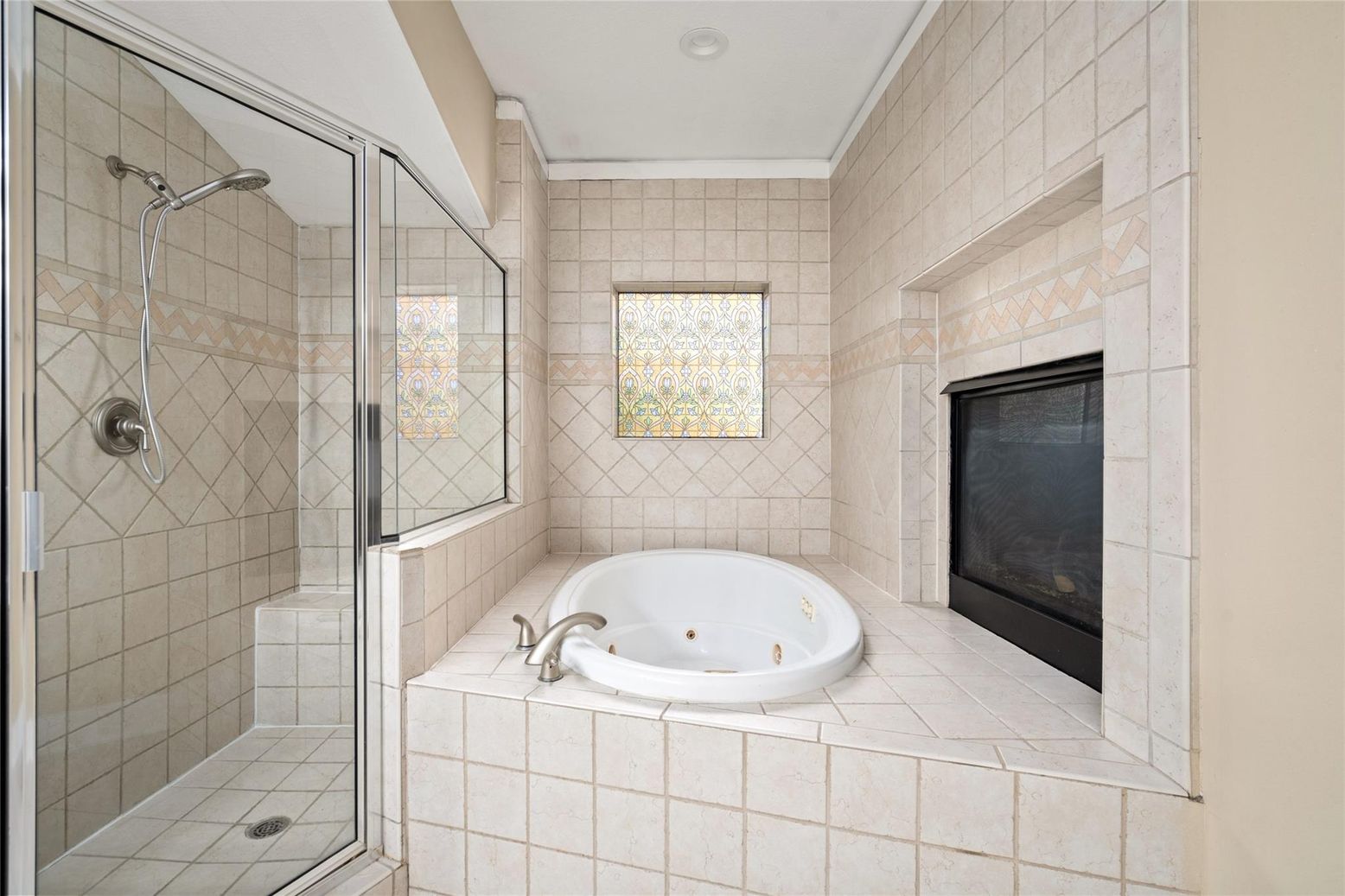 Bathroom, Fireplace, Glass Shower, Interior