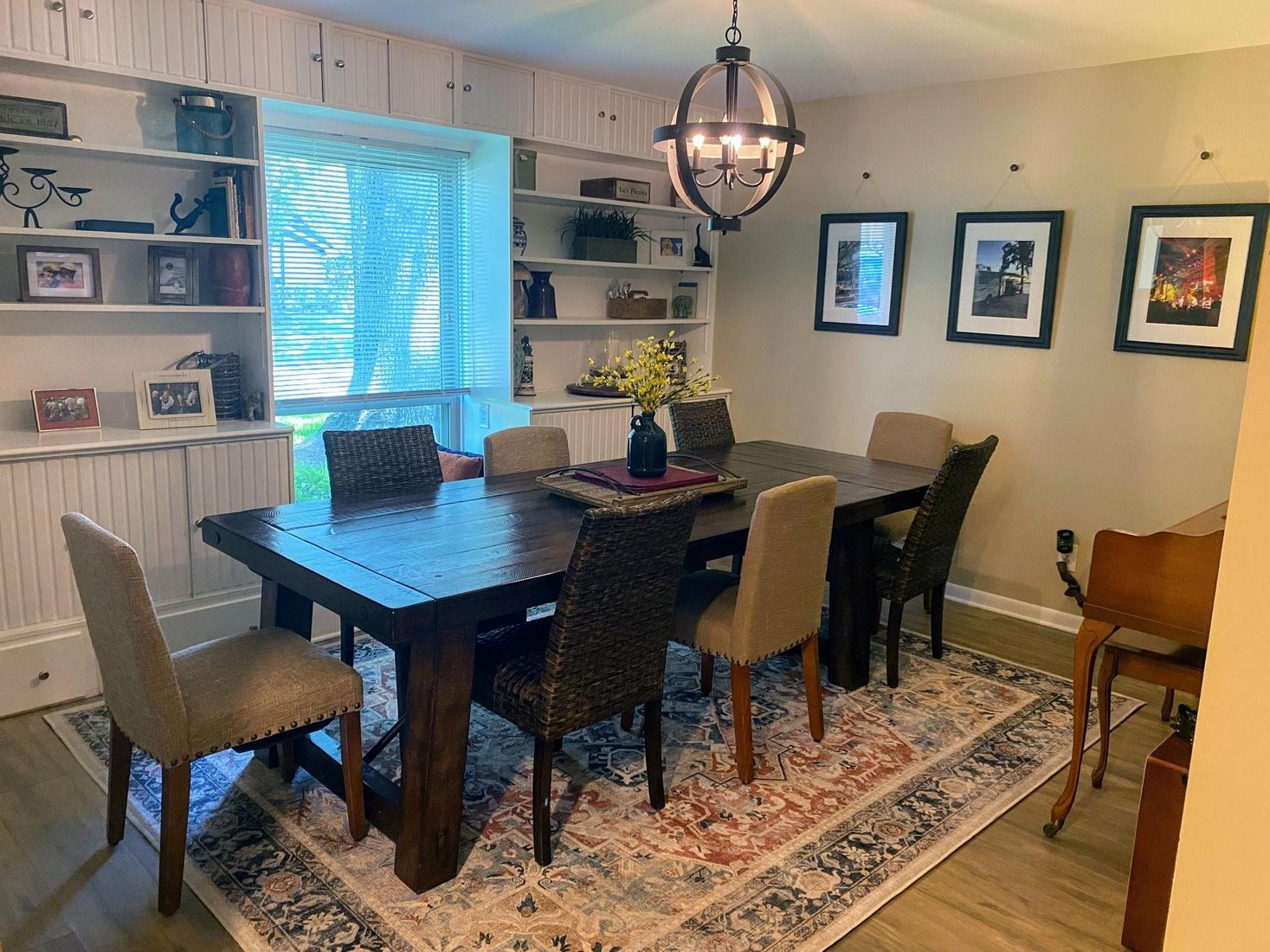 Chandelier, Dining room, Interior, Pendant Lights, Wood Texture Flooring