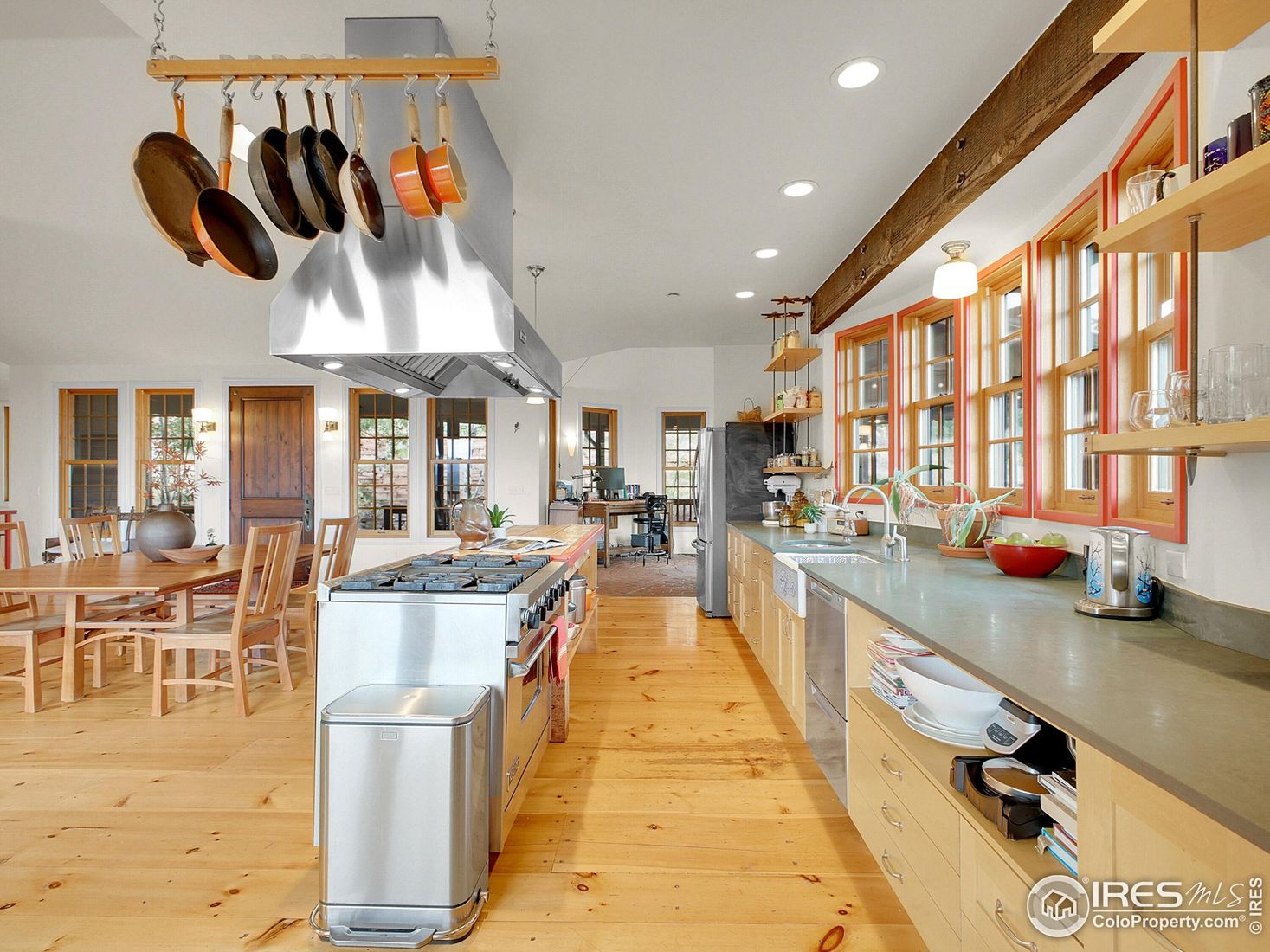 Dining room, Interior, Kitchen, Recessed Lighting, Stainless Steel Appliances, Wooden Beams, Wood Texture Flooring