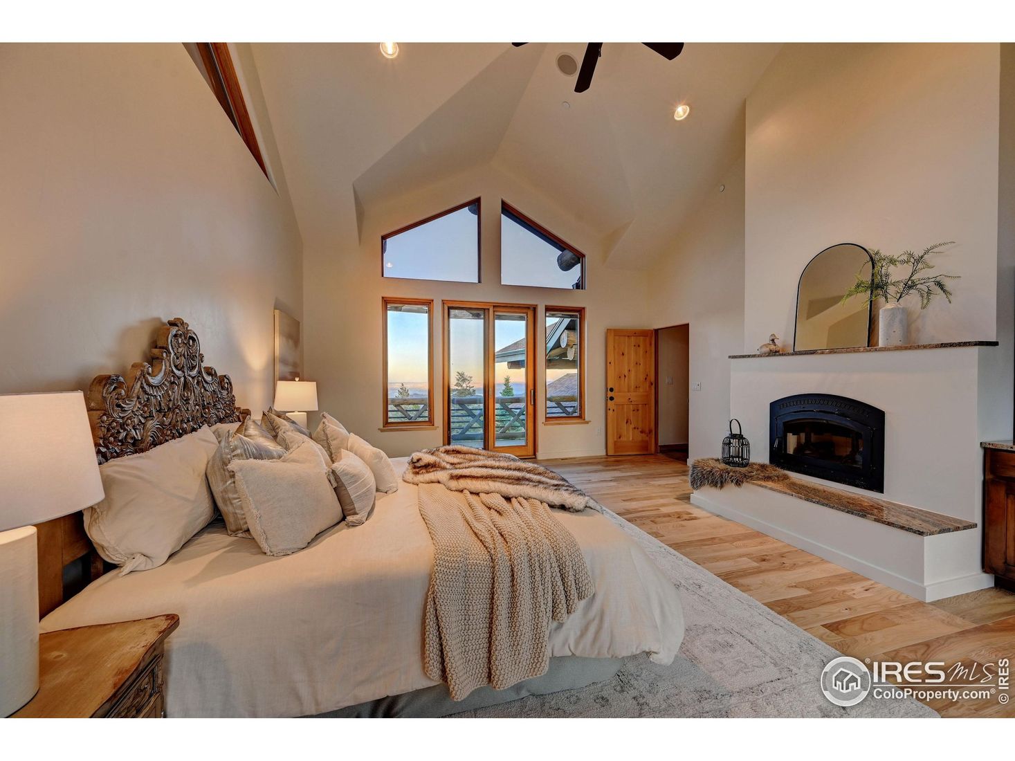 Bedroom, Fireplace, Interior, Recessed Lighting, Water, Wood Texture Flooring