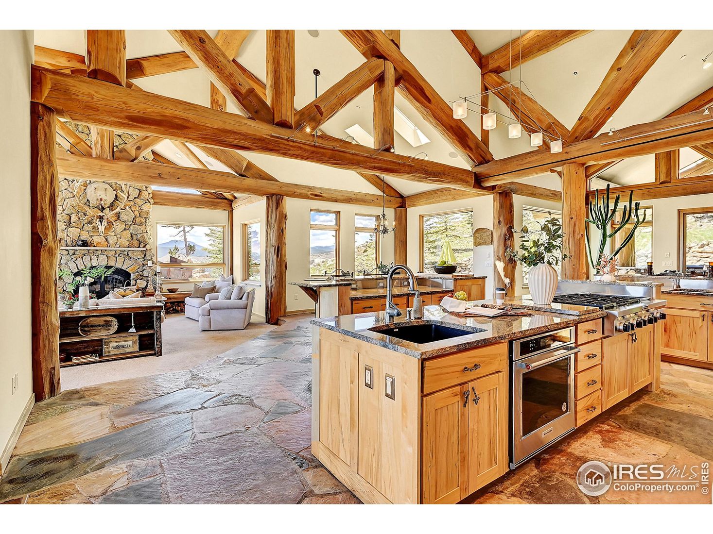 Fireplace, Interior, Kitchen, Living room, Pendant Lights, Stone Walls, Wooden Beams, Wood Texture Flooring