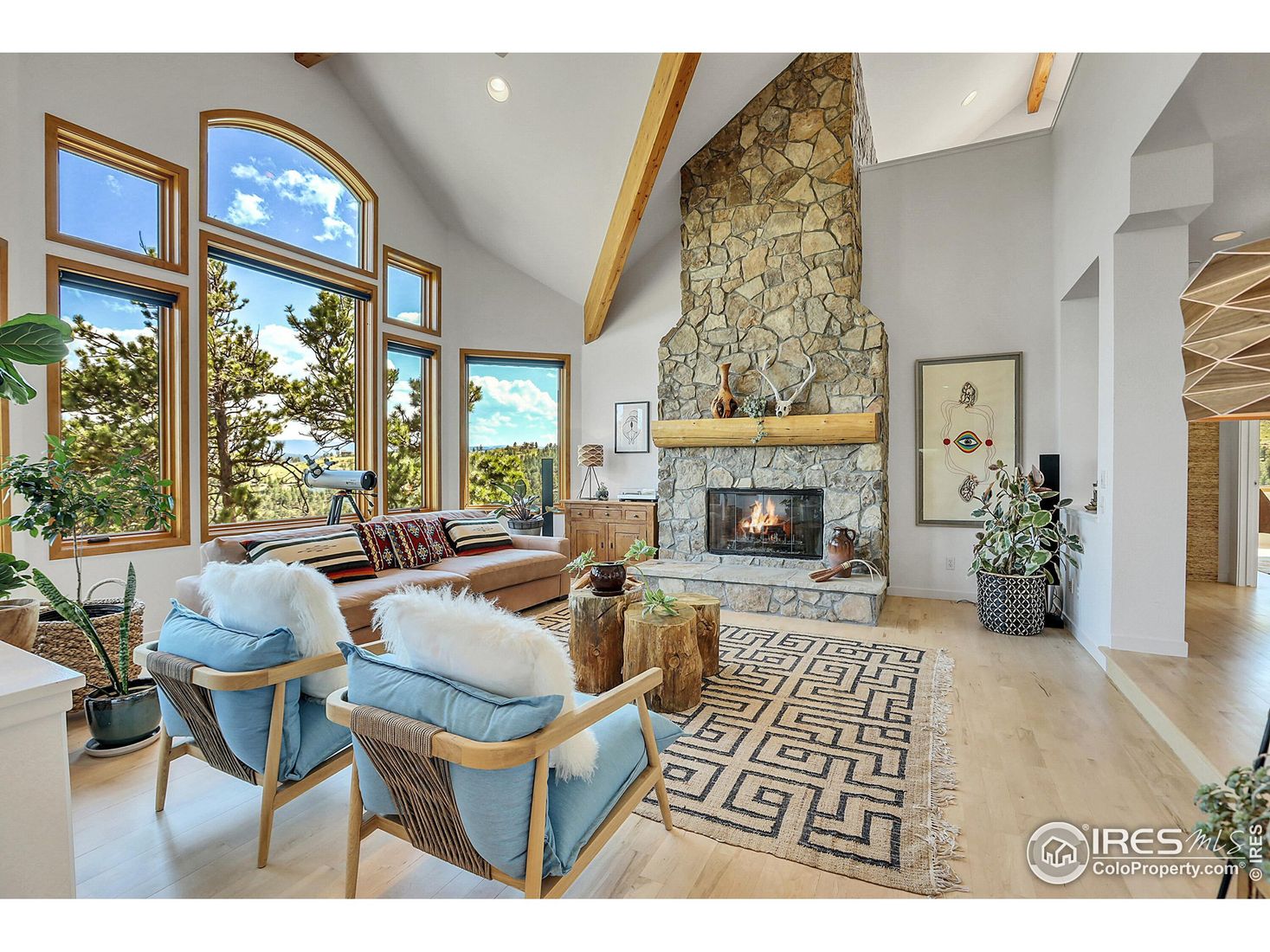 Fireplace, Interior, Living room, Recessed Lighting, Stone Walls, Wood Texture Flooring