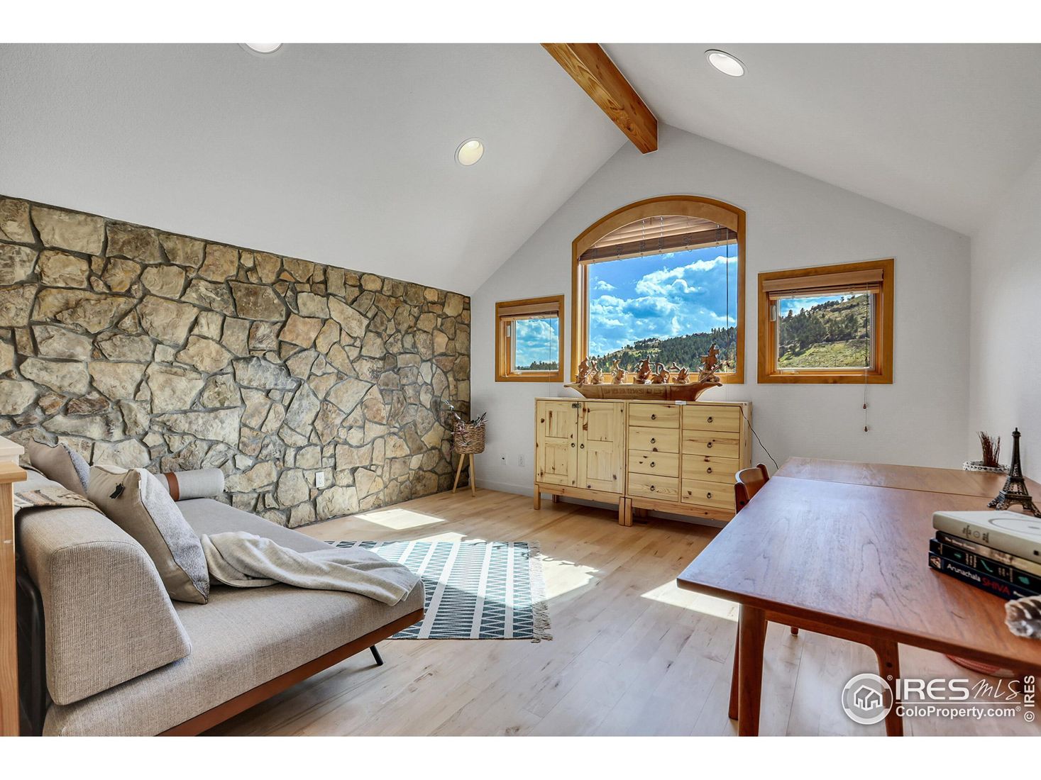 Home Office, Interior, Recessed Lighting, Stone Walls, Wooden Beams, Wood Texture Flooring
