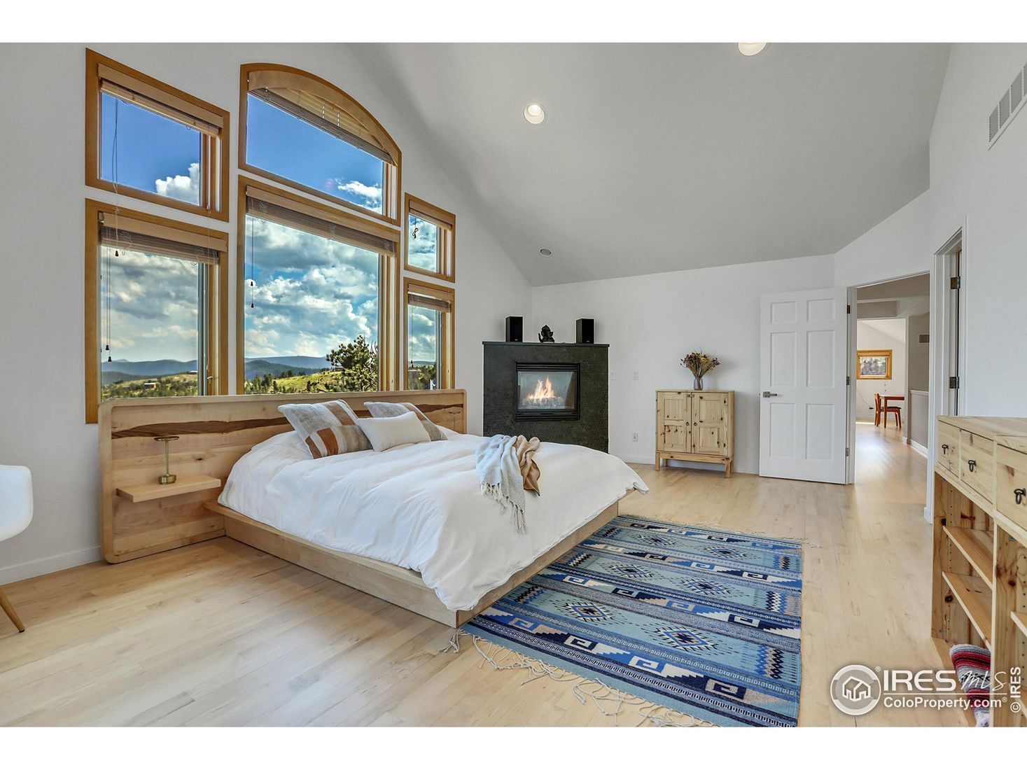 Bedroom, Fireplace, Interior, Recessed Lighting, Wood Texture Flooring