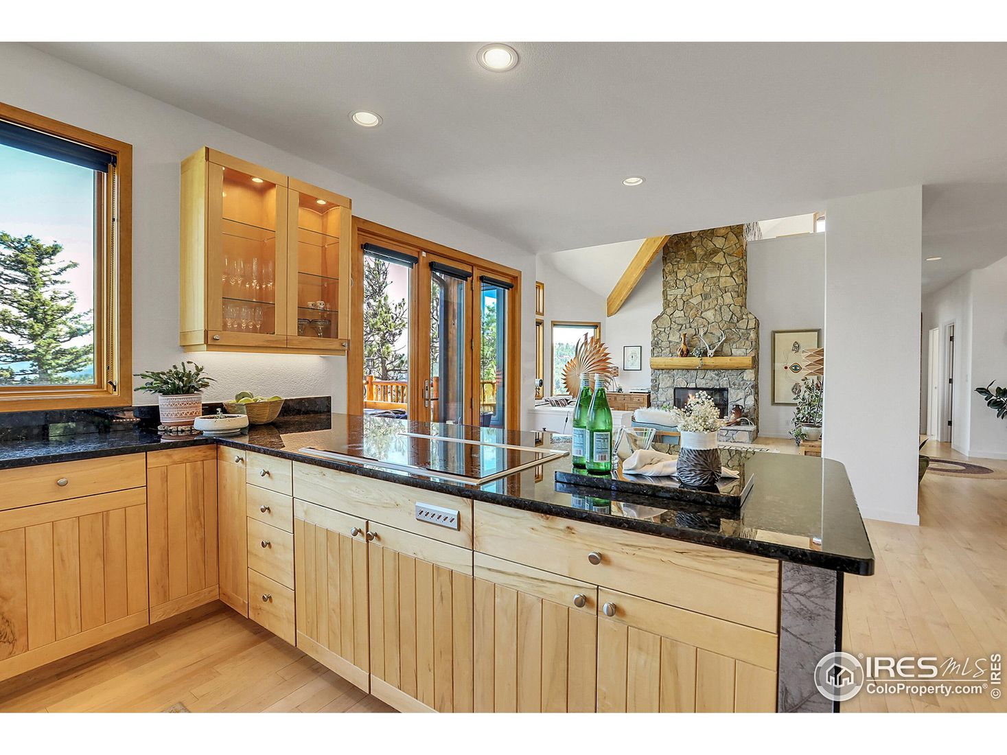 Interior, Kitchen, Recessed Lighting, Stone Walls, Wood Texture Flooring