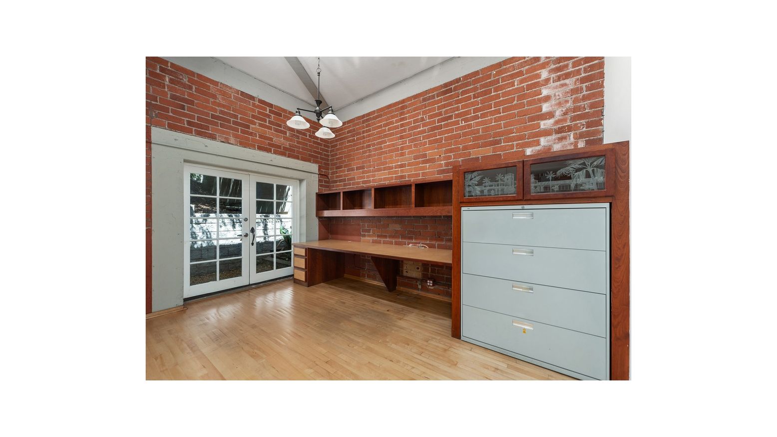 Home Office, Interior, Stone Walls, Wood Texture Flooring