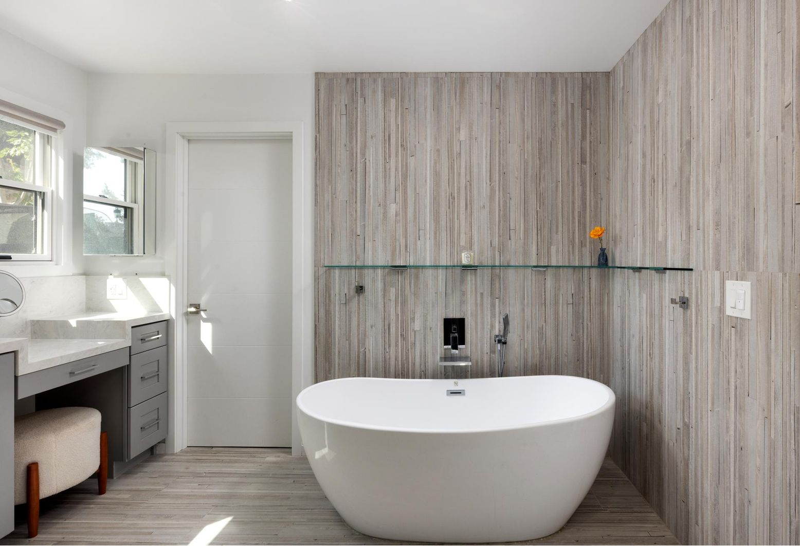Bathroom, Free Standing Baths, Interior, Wood Texture Flooring, Wooden Walls