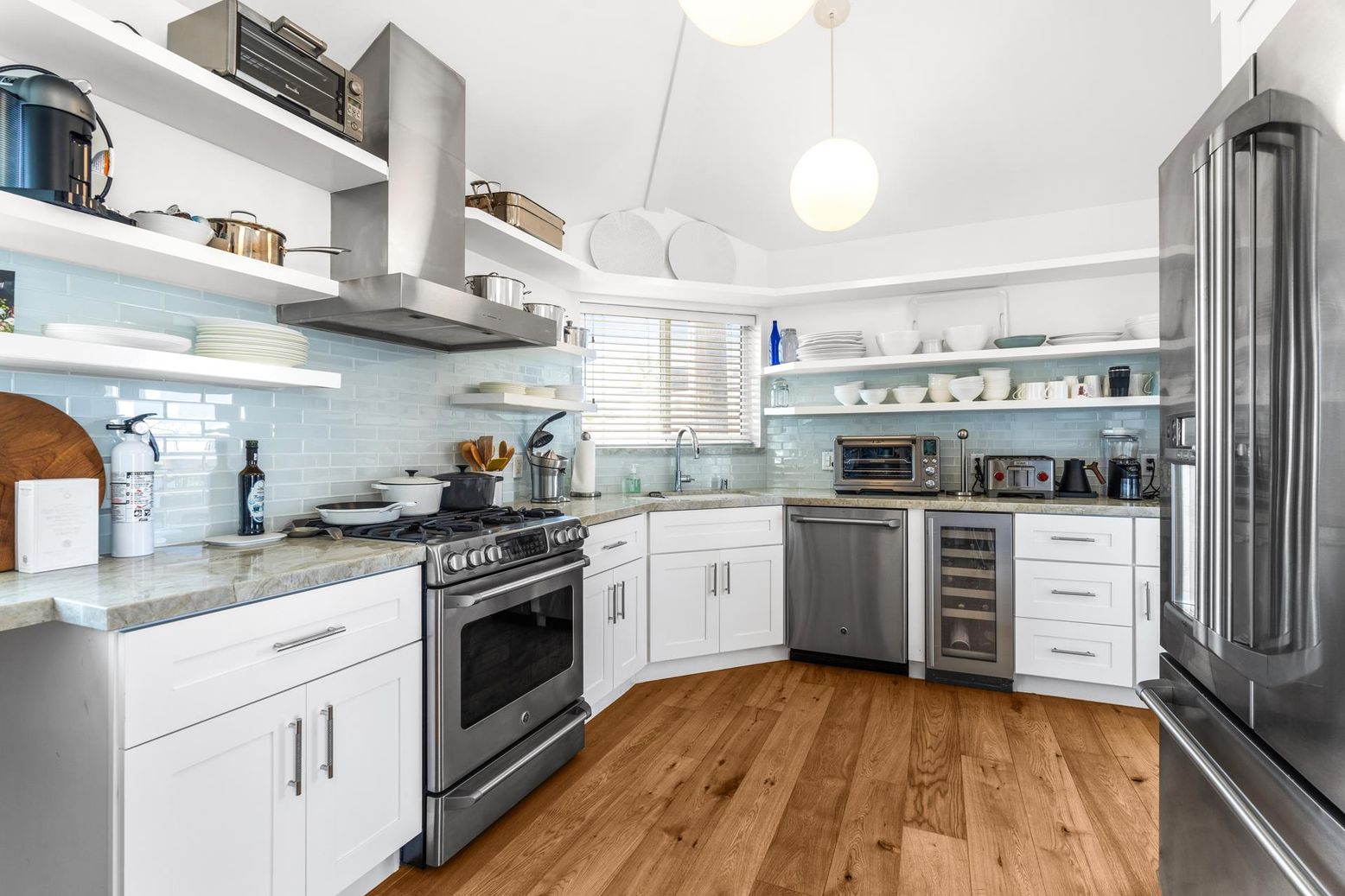 Interior, Kitchen, Pendant Lights, Stainless Steel Appliances, Wood Texture Flooring