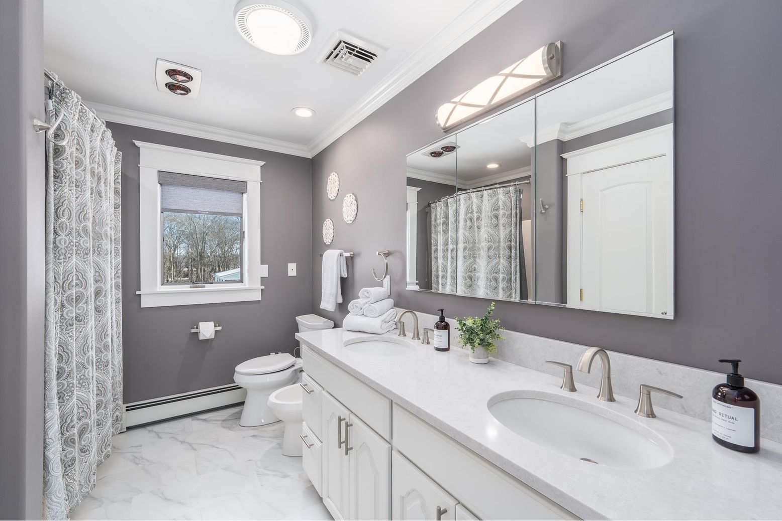 Bathroom, Dual Sink Vanities, Interior, Marble, Recessed Lighting