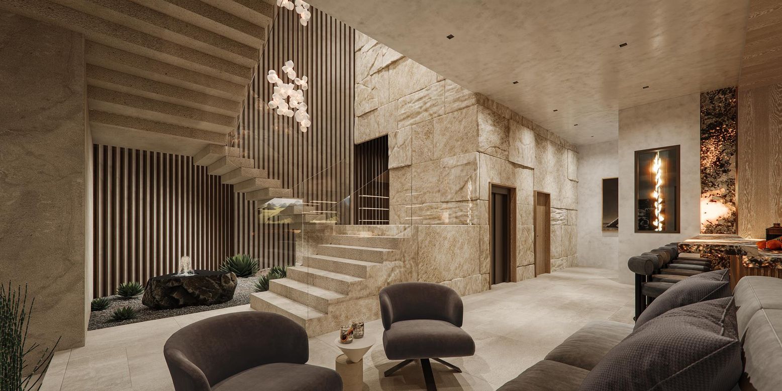 Interior, Living room, Pendant Lights, Recessed Lighting, Stone Walls