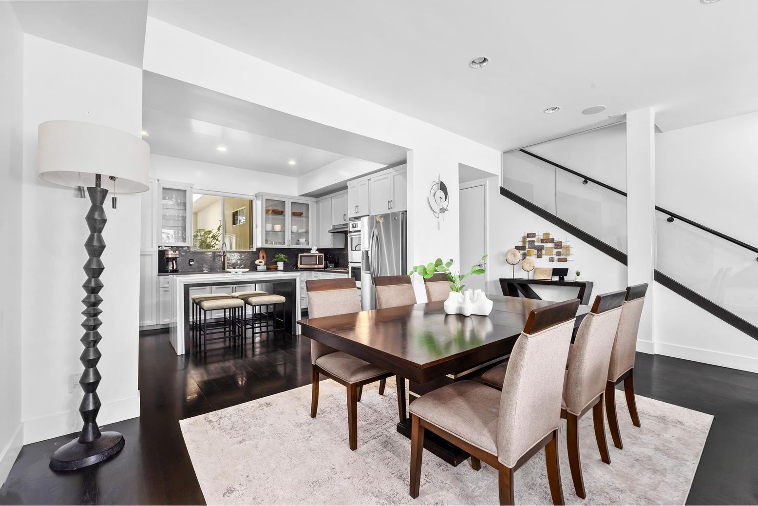 Dining room, Interior, Kitchen, Recessed Lighting, Stainless Steel Appliances, Wood Texture Flooring