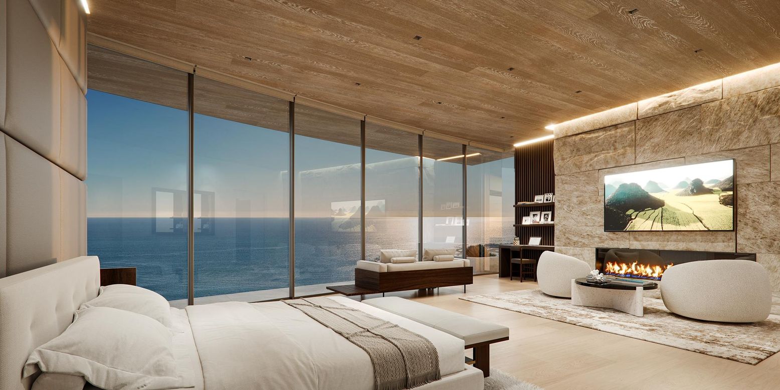 Bedroom, Fireplace, Interior, Water, Wooden Ceilings, Wood Texture Flooring