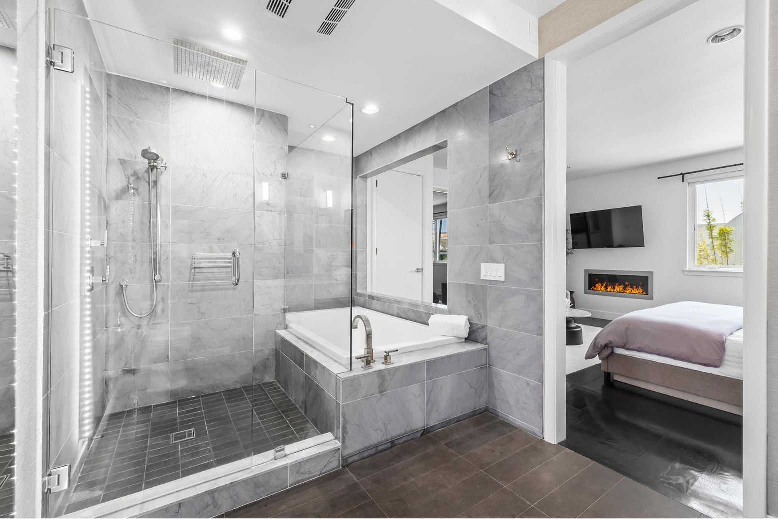 Bathroom, Bedroom, Fireplace, Glass Shower, Interior, Marble Walls, Recessed Lighting