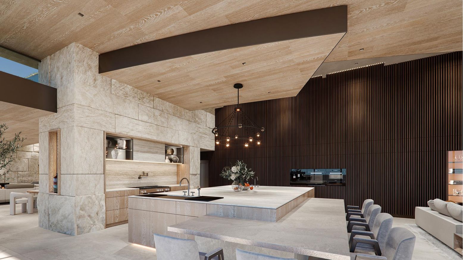 Fireplace, Interior, Living room, Pendant Lights, Recessed Lighting, Wooden Ceilings