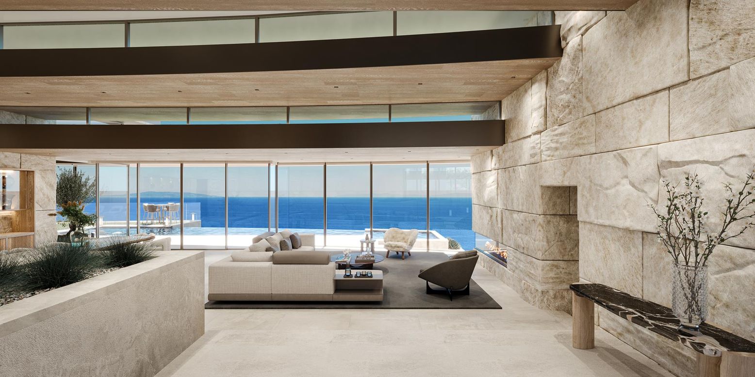 Exterior, Fireplace, Interior, Living room, Stone Walls, Water