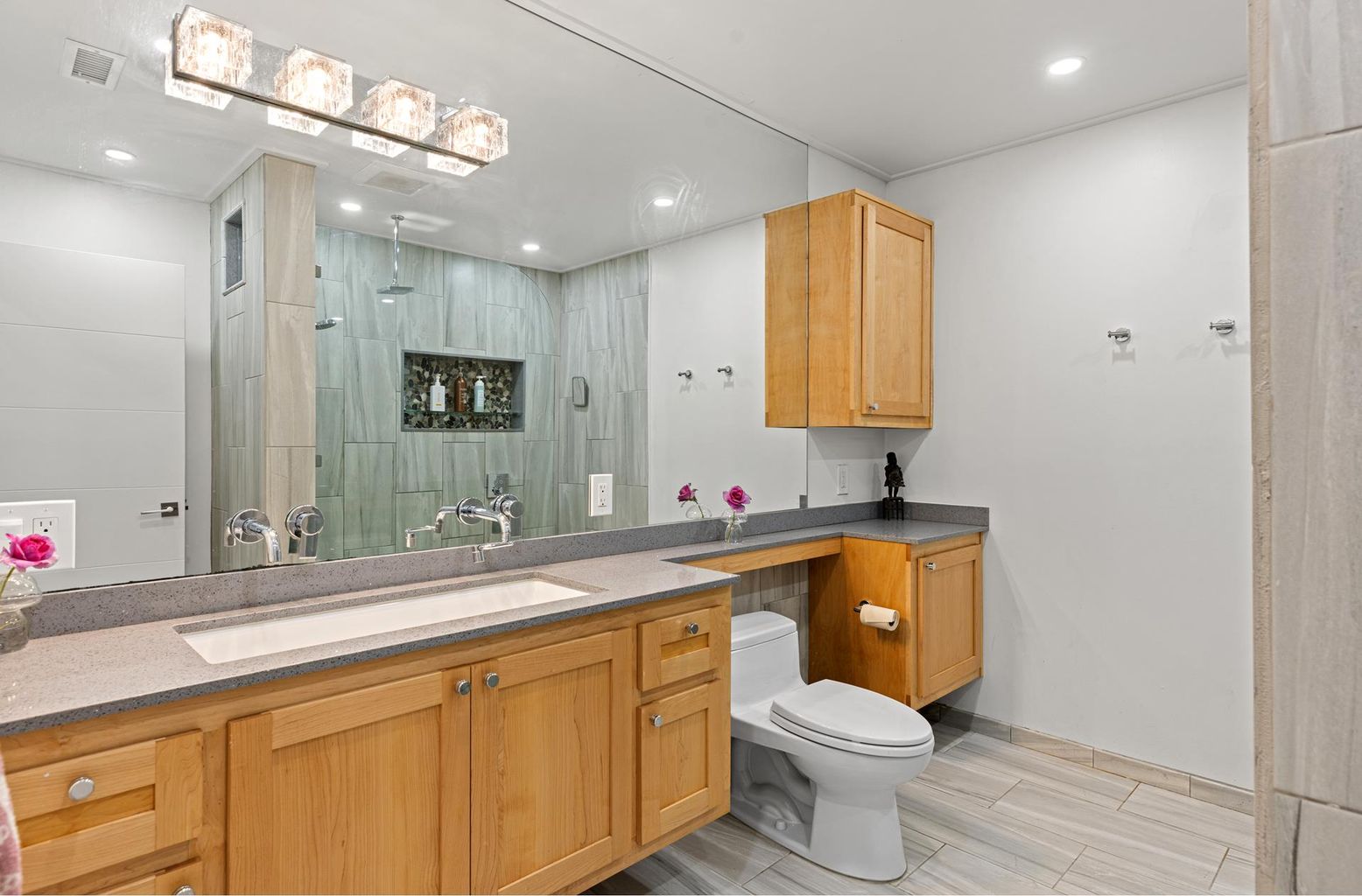 Bathroom, Glass Shower, Interior, Recessed Lighting, Wood Texture Flooring