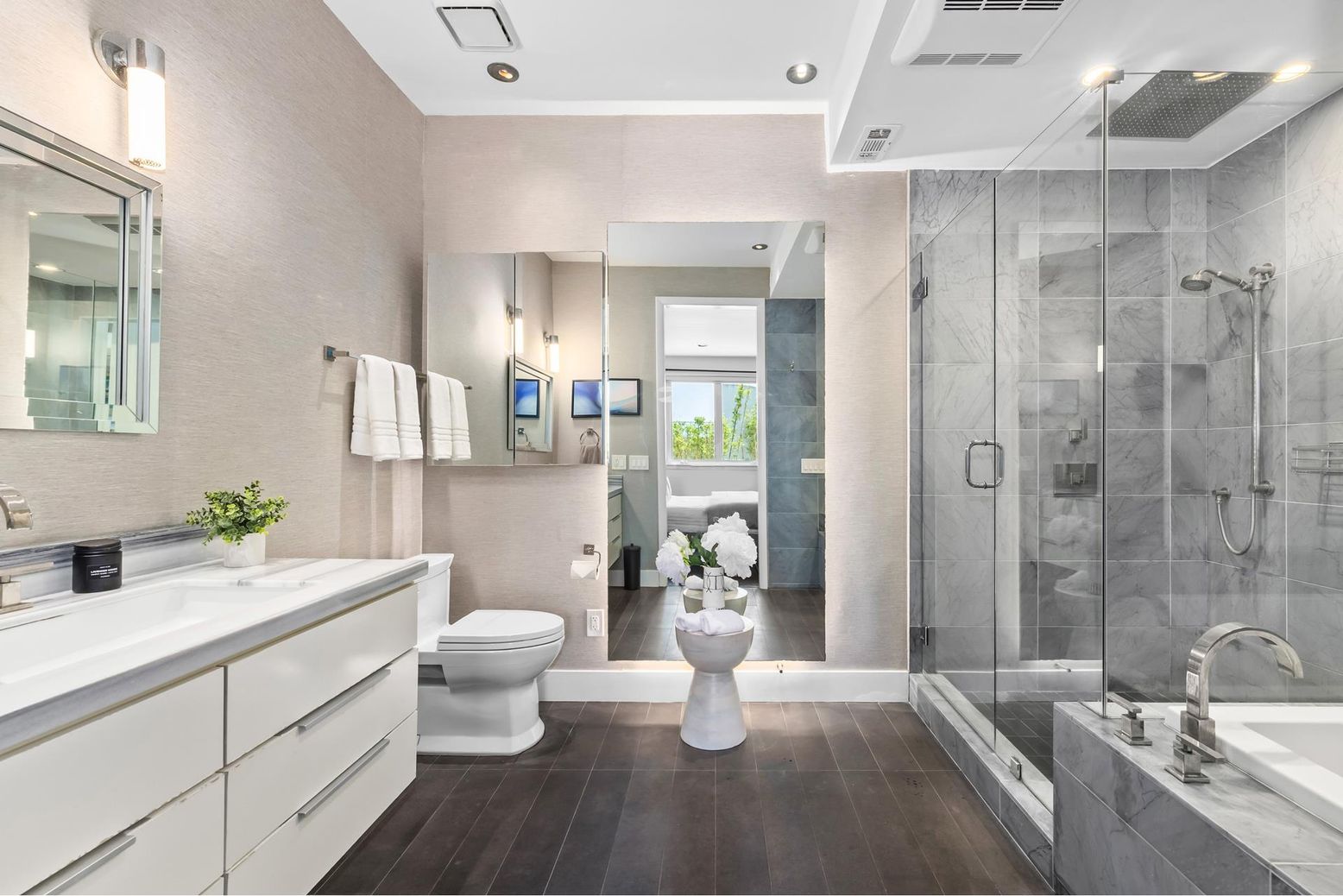 Bathroom, Dual Sink Vanities, Glass Shower, Interior, Recessed Lighting, Wood Texture Flooring